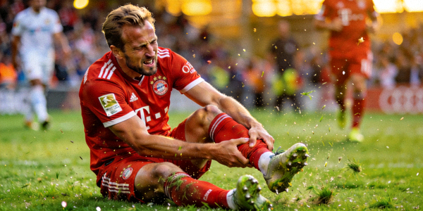 拜仁慕尼黑前锋哈里凯恩在比赛中痛苦倒地，手捂脚踝