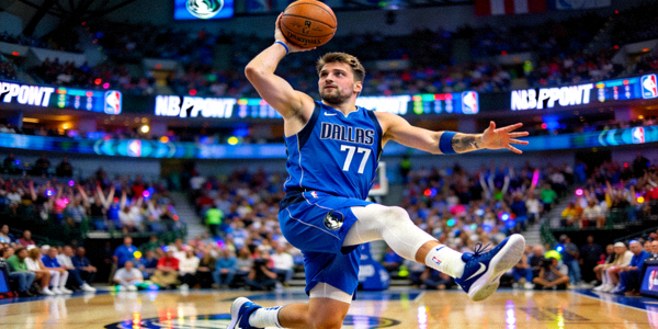 独行侠队球星卢卡东契奇在NBA季后赛中后撤步跳投的英姿