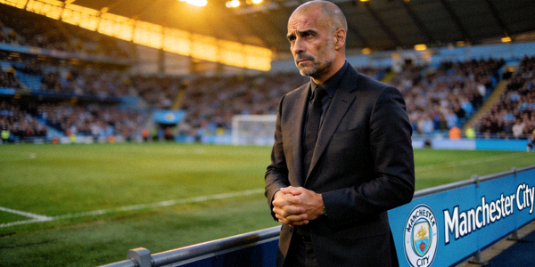 曼城主教练瓜迪奥拉在场边指挥比赛的专注神情